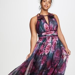 Like New Marchesa Notte Plum Floral Print Chiffon Gown size 12